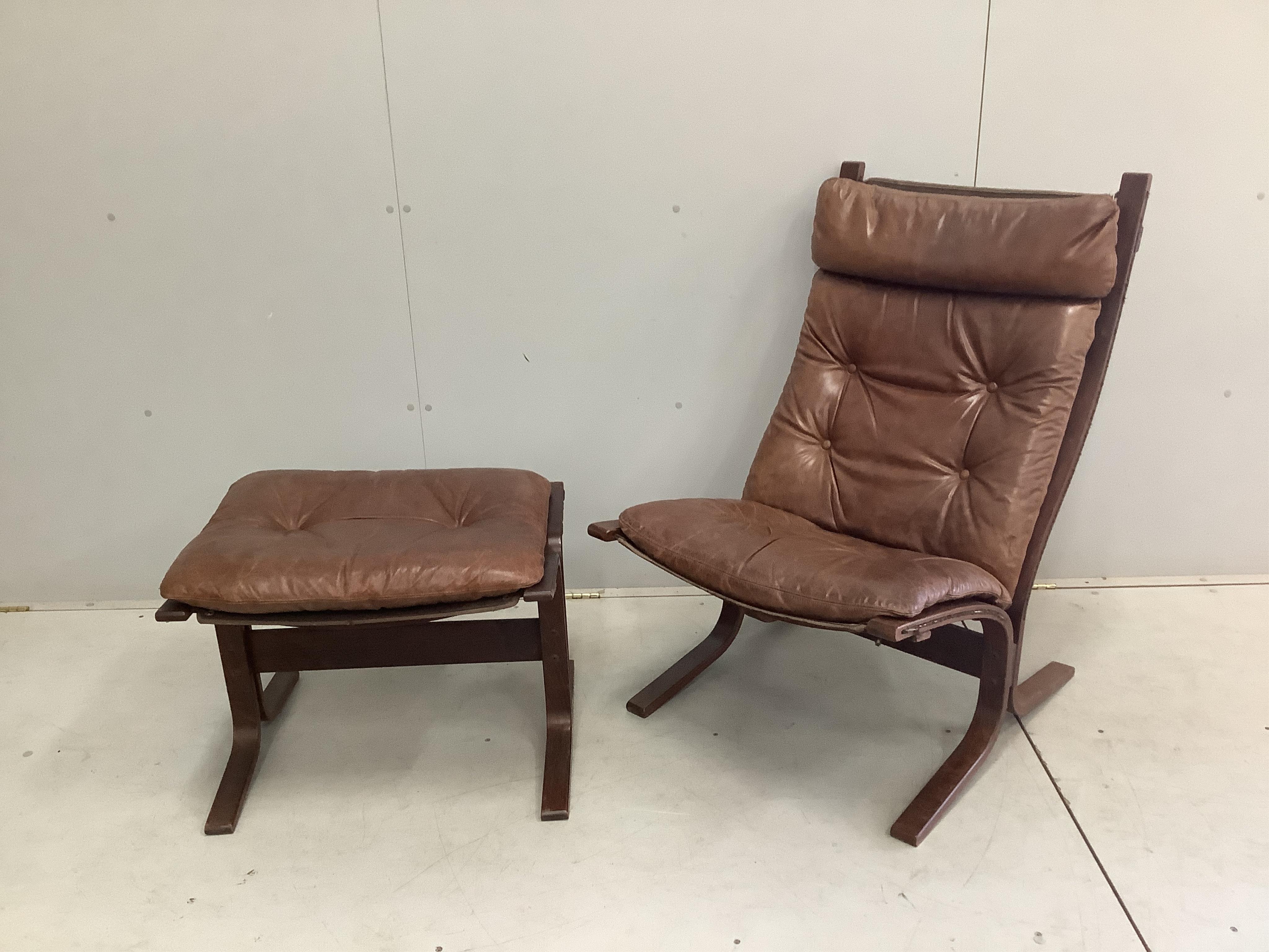 An Ingmar Relling leather chair, width 62cm, depth 66cm, height 98cm and footstool, Siesta